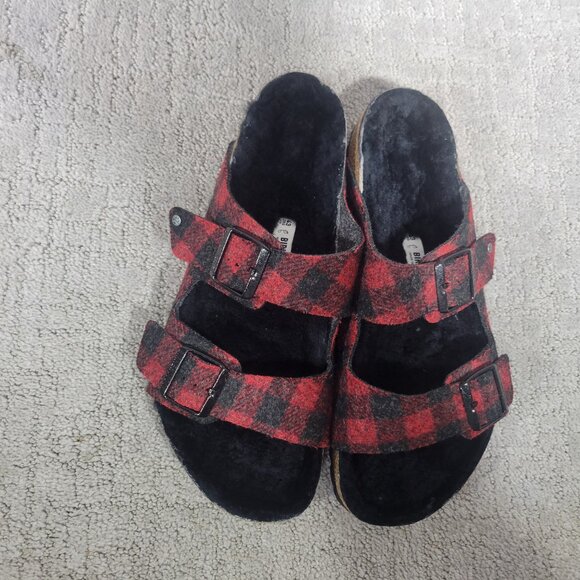 Birkenstock Arizona Shearling Mens Size EU 43 US 10 Rivet Plaid Red Slide Sandal - Picture 11 of 12